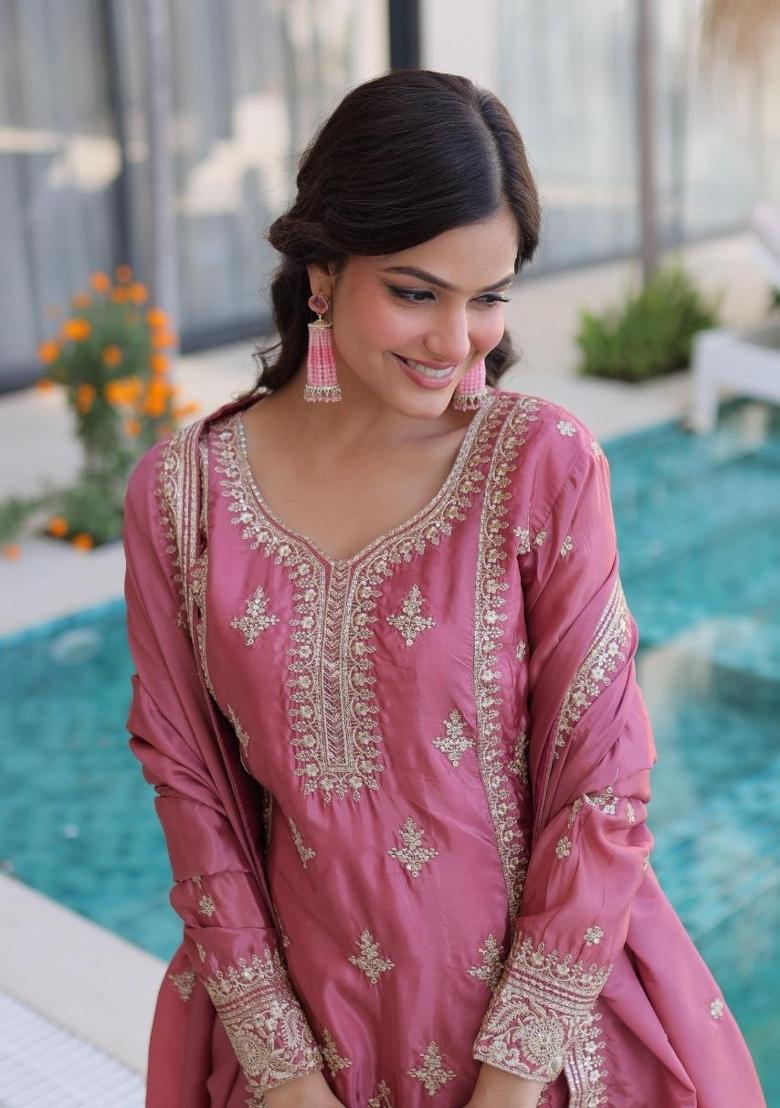Pink Embroidery Silk Salwar Kameez - Indya