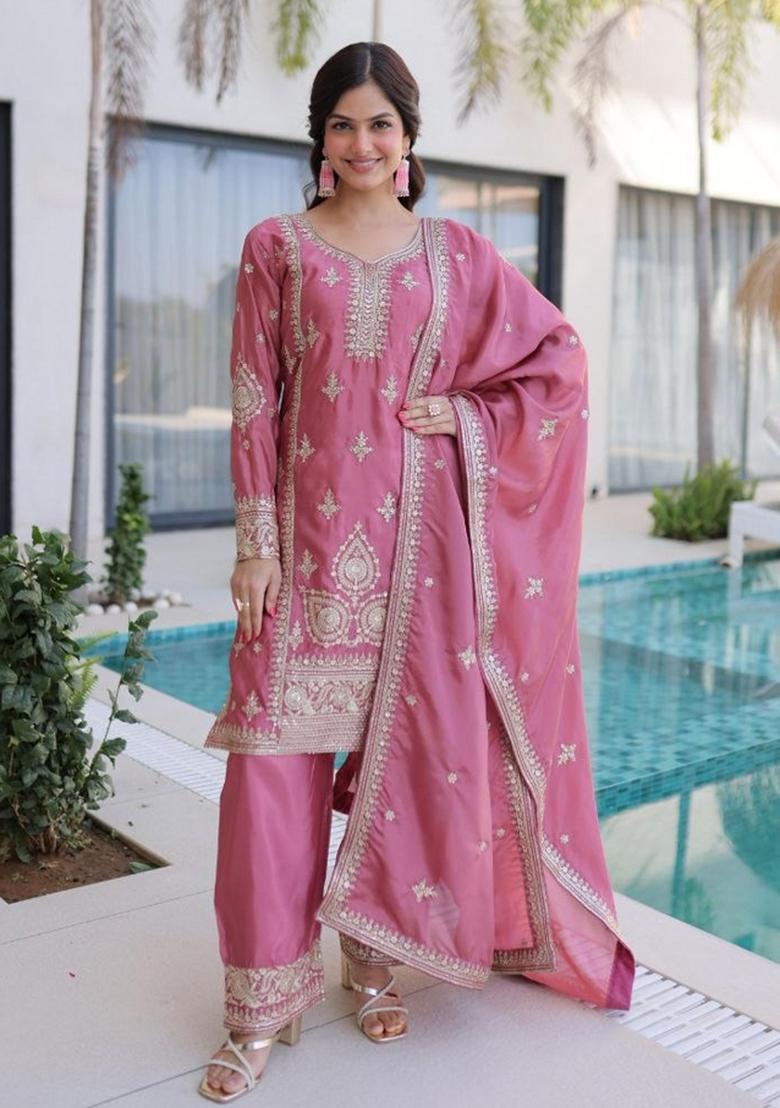 Pink Embroidery Silk Salwar Kameez - Indya