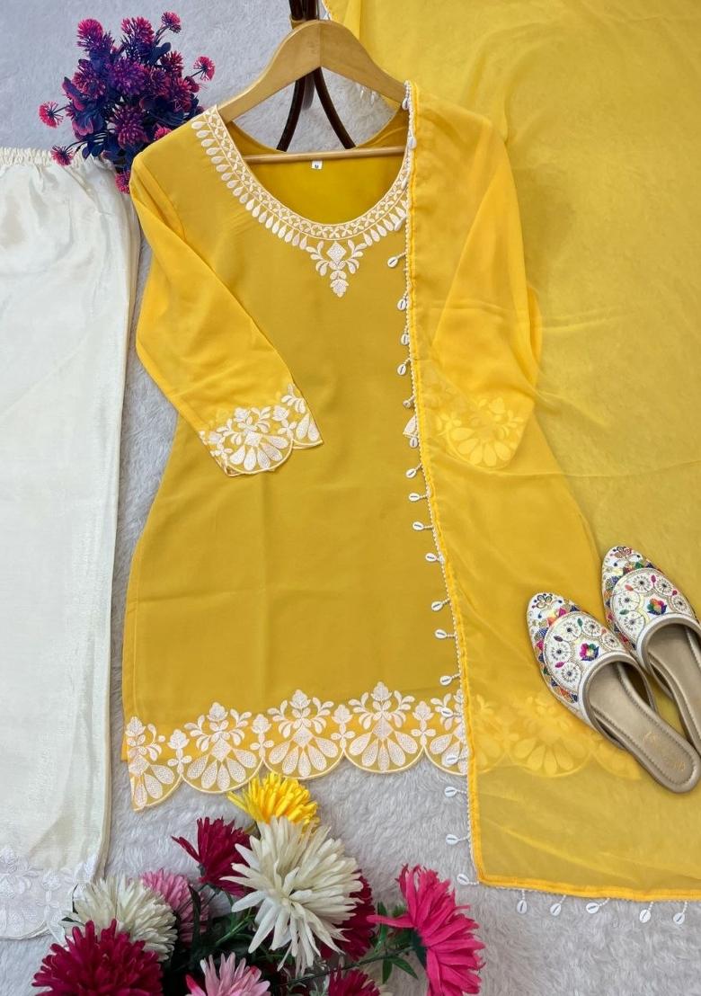 Yellow Embroidery Georgette Salwar Kameez - Indya