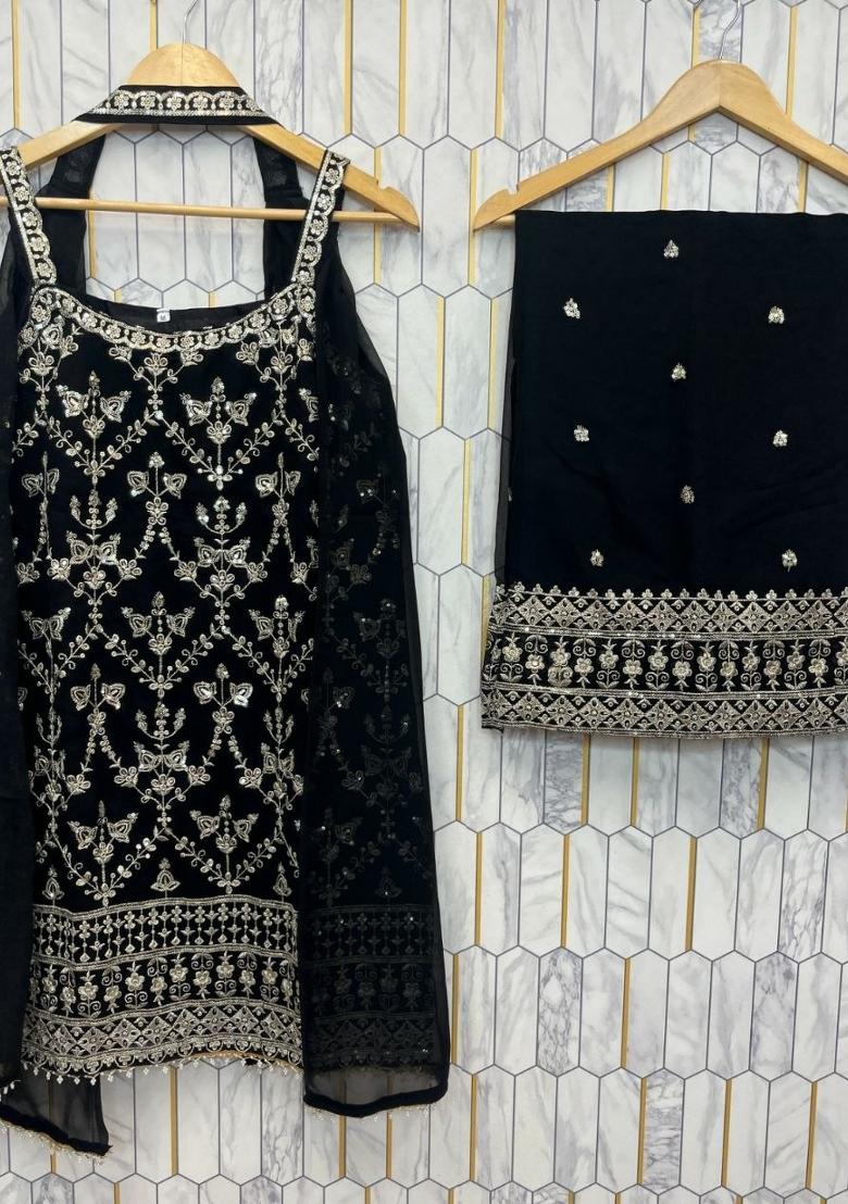 Black Embroidery Georgette Salwar Kameez - Indya