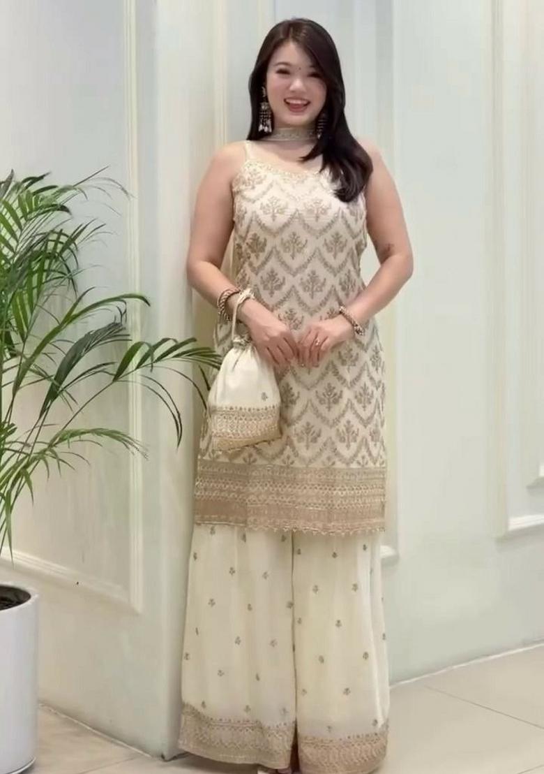 White Embroidery Georgette Salwar Kameez - Indya