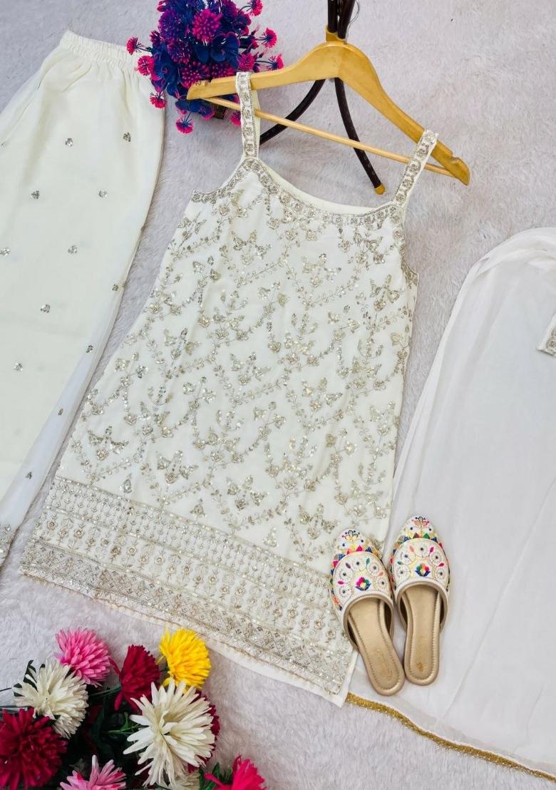 White Embroidery Georgette Salwar Kameez - Indya