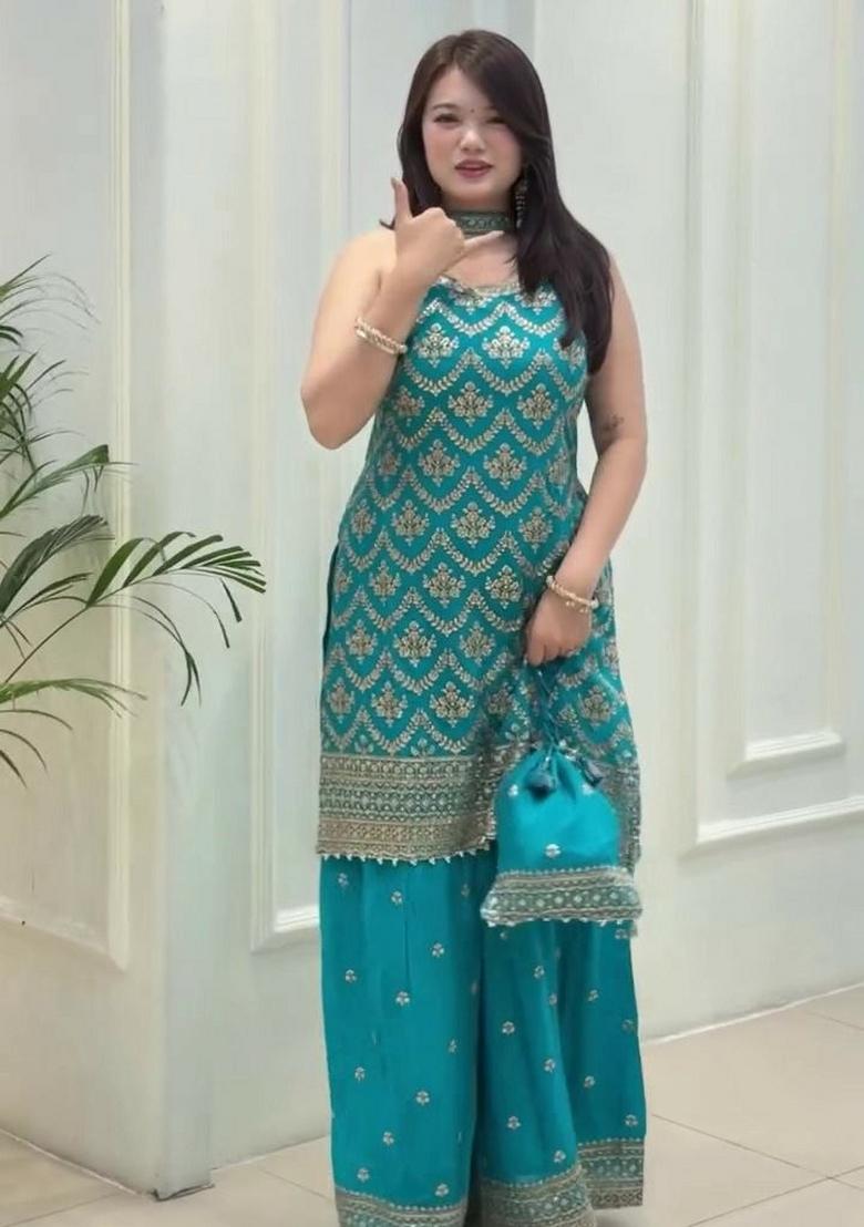 Blue Embroidery Georgette Salwar Kameez - Indya