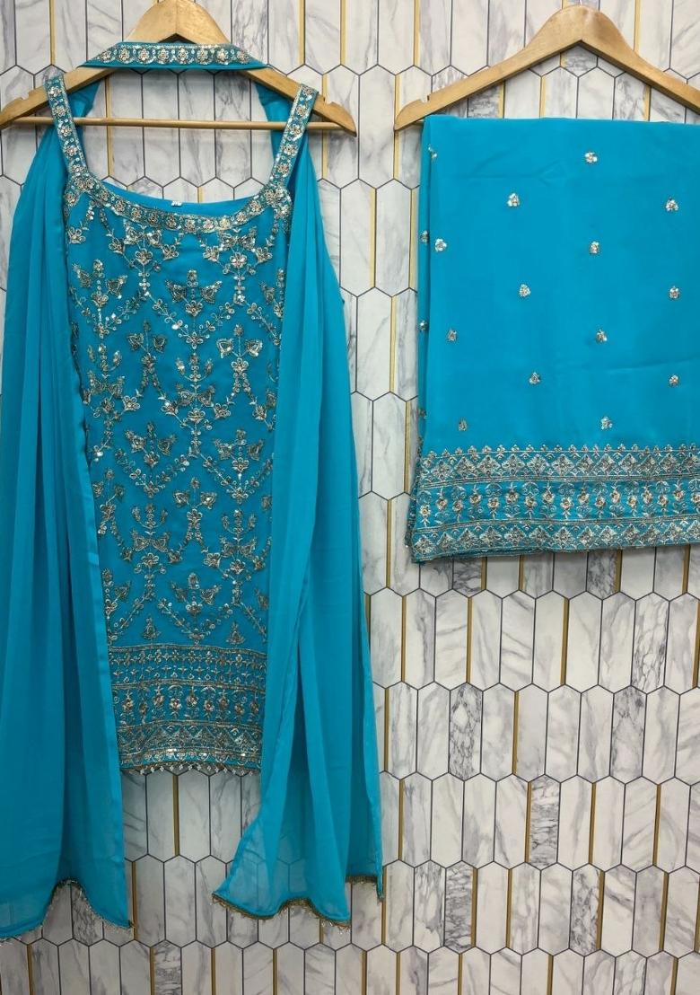 Blue Embroidery Georgette Salwar Kameez - Indya