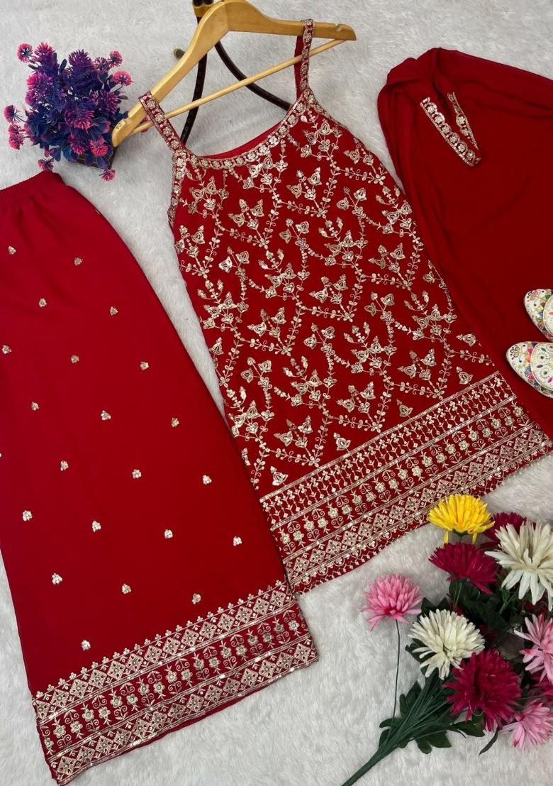 Red Embroidery Georgette Salwar Kameez - Indya
