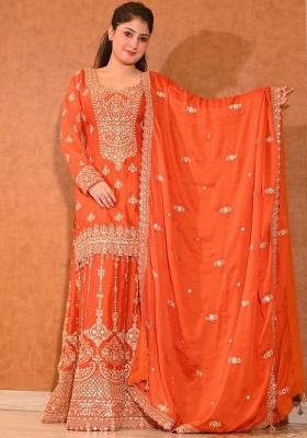 Orange Embroidery Silk Salwar Kameez