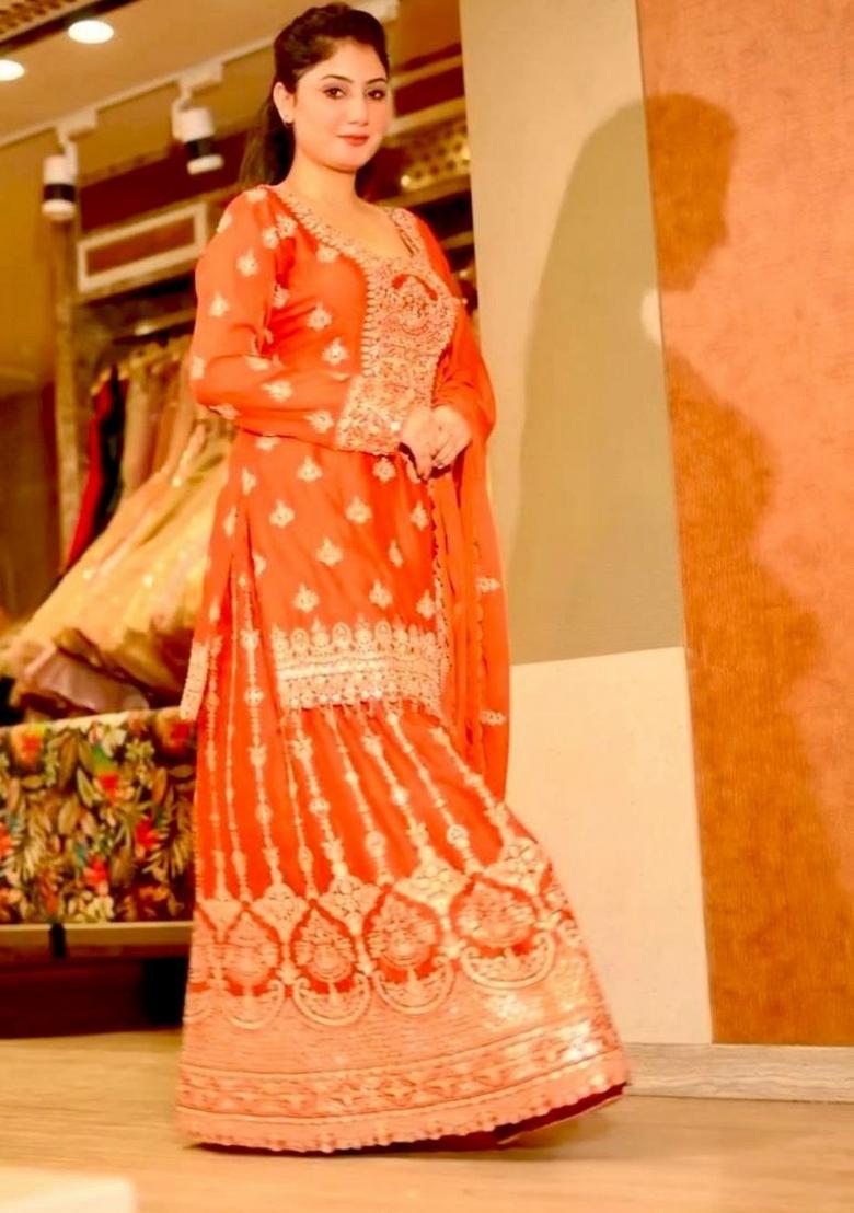 Orange Embroidery Silk Salwar Kameez - Indya
