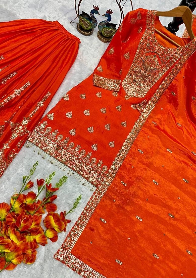 Orange Embroidery Silk Salwar Kameez - Indya