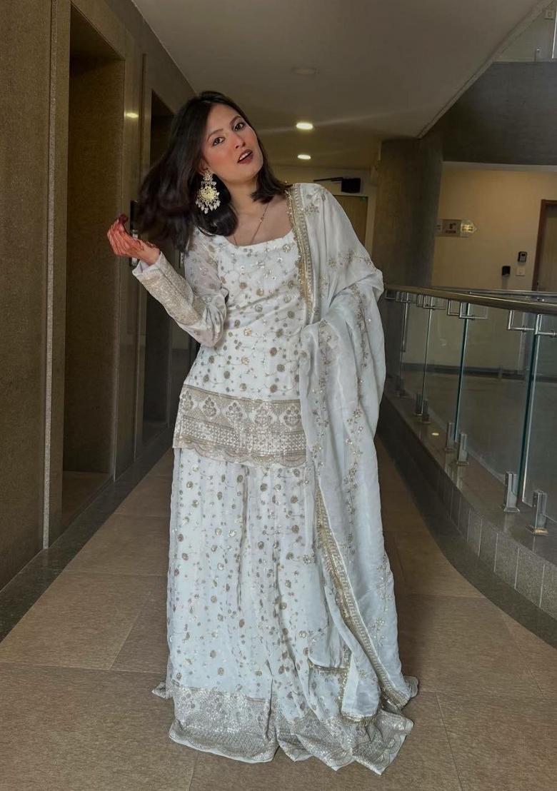 White Embroidery Silk Salwar Kameez - Indya