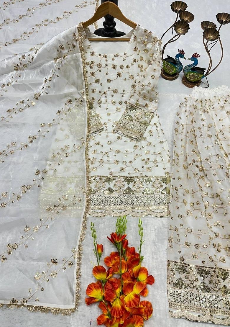 White Embroidery Silk Salwar Kameez - Indya