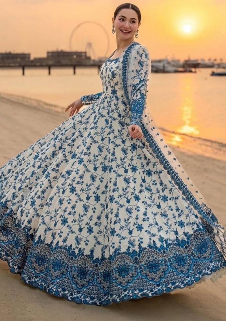 White Embroidery Georgette Salwar Kameez - Indya