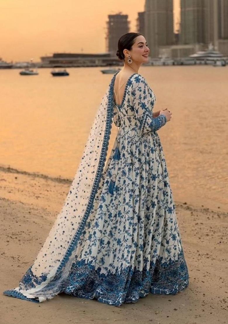 White Embroidery Georgette Salwar Kameez - Indya