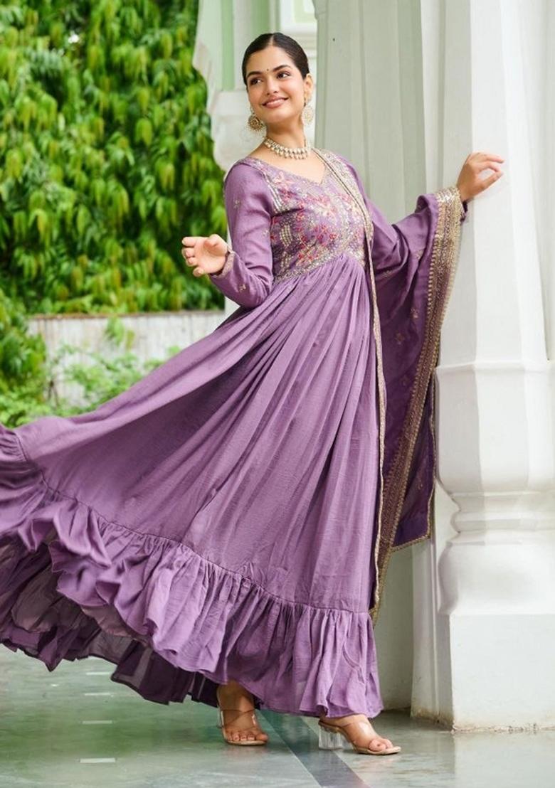 Purple Embroidery Silk Salwar Kameez - Indya