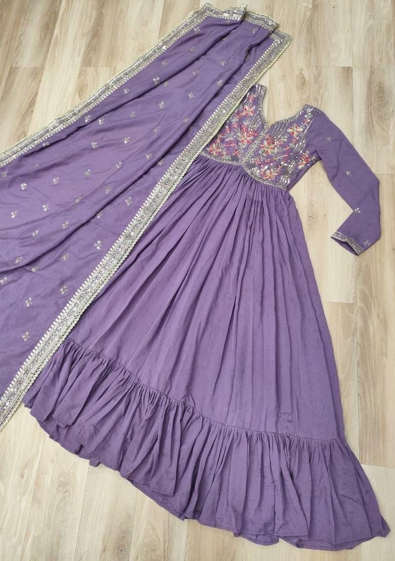Purple Embroidery Silk Salwar Kameez - Indya