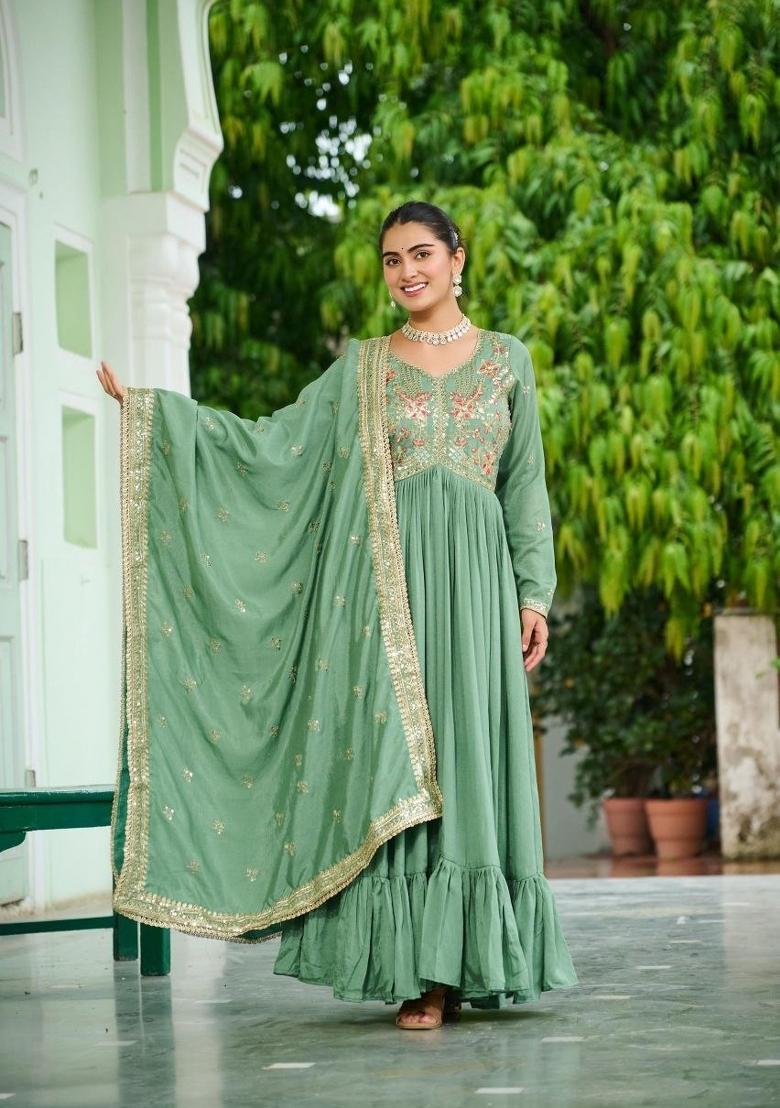 Green Embroidery Silk Salwar Kameez - Indya