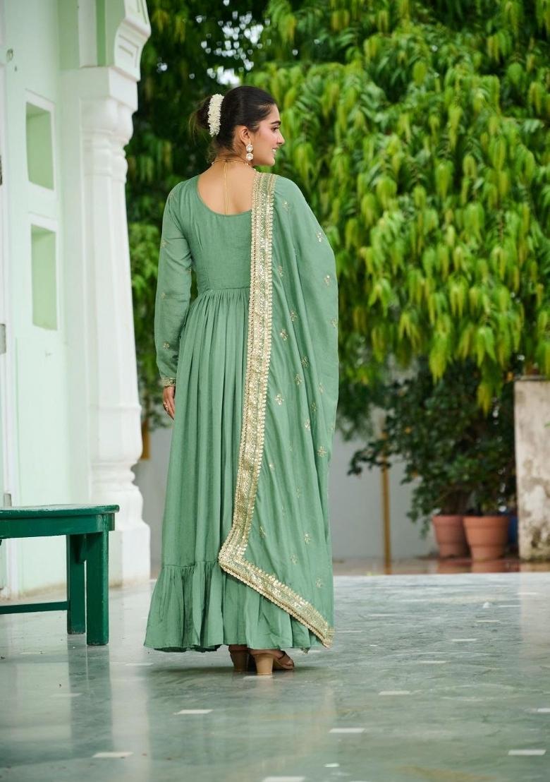 Green Embroidery Silk Salwar Kameez - Indya