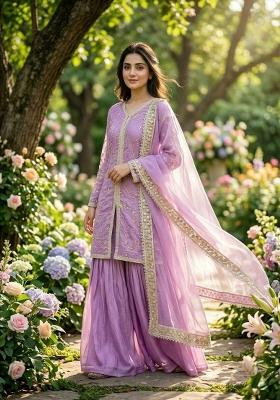 Purple Embroidery Silk Salwar Kameez
