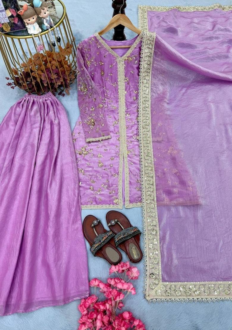 Purple Embroidery Silk Salwar Kameez - Indya