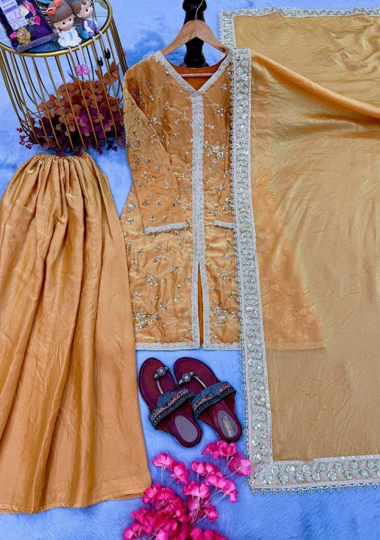Gold Embroidery Silk Salwar Kameez - Indya