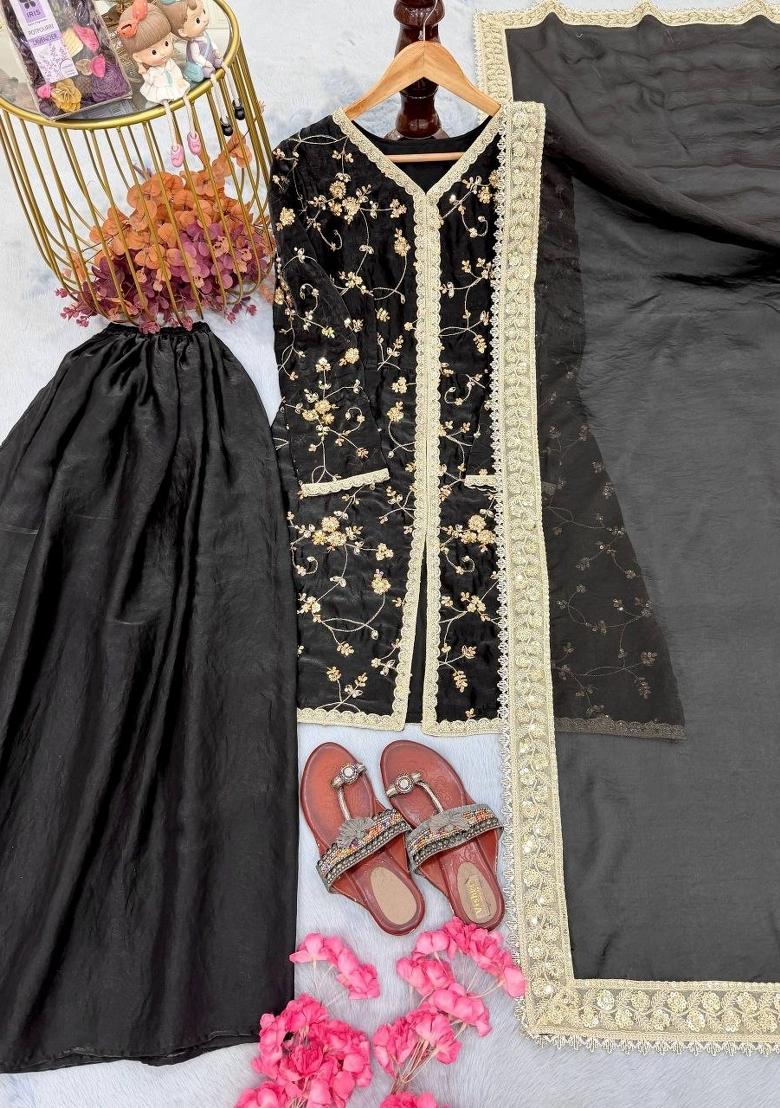 Black Embroidery Silk Salwar Kameez - Indya