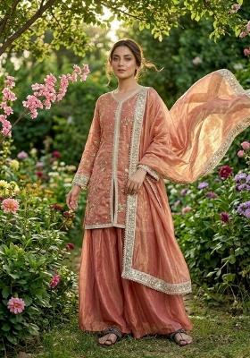 Peach Embroidery Silk Salwar Kameez