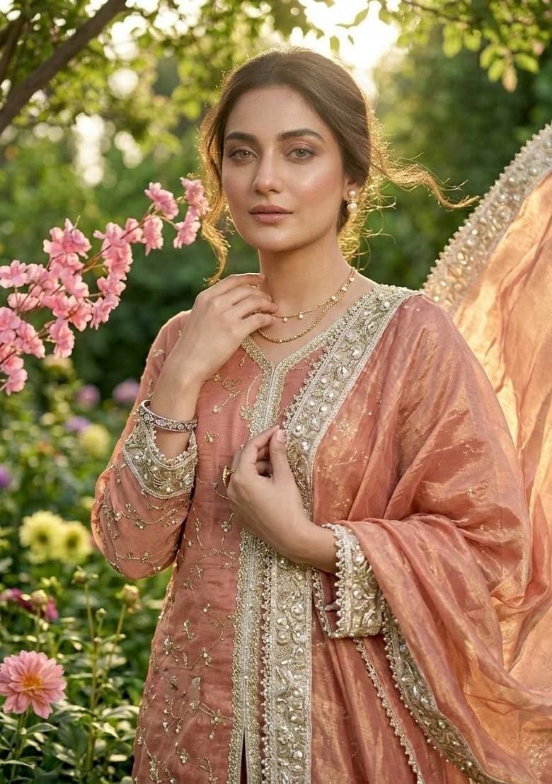 Peach Embroidery Silk Salwar Kameez - Indya