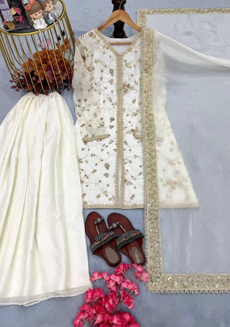 White Embroidery Silk Salwar Kameez - Indya