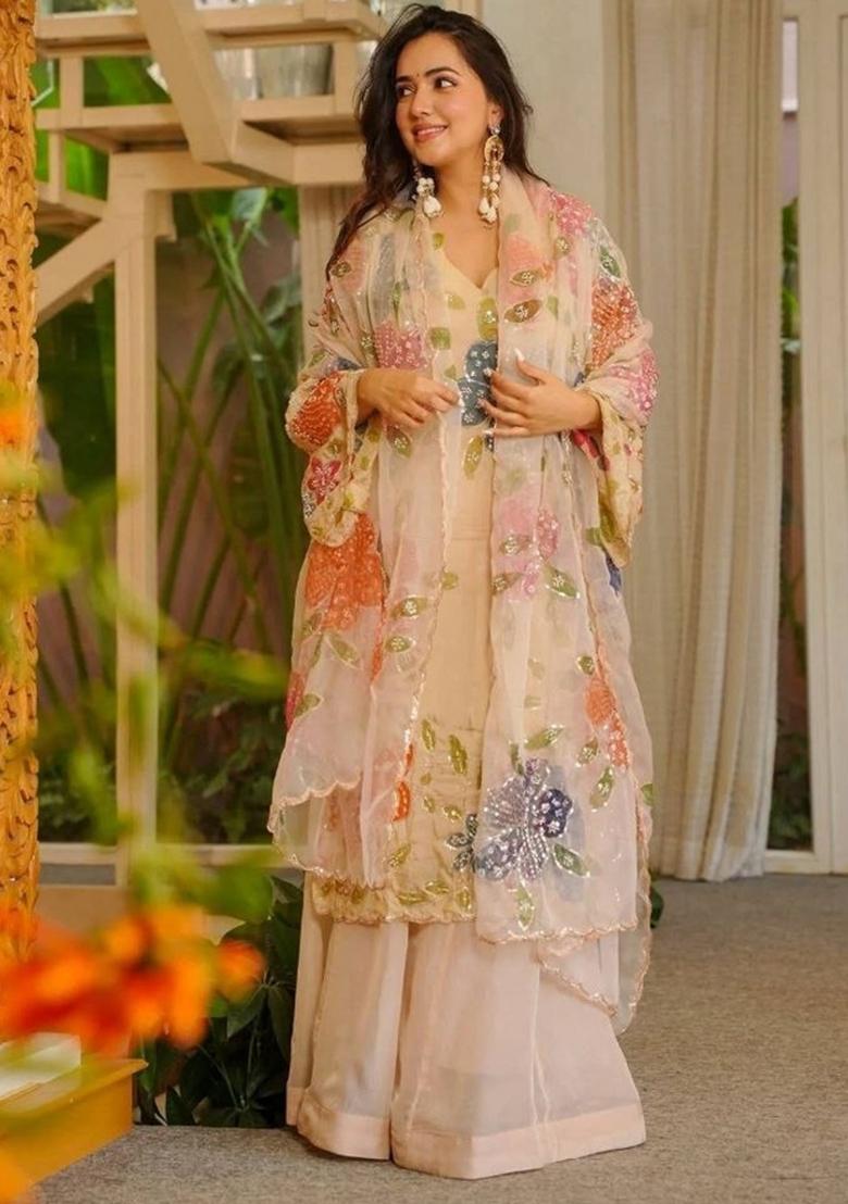 Beige Embroidery Organza Salwar Kameez - Indya