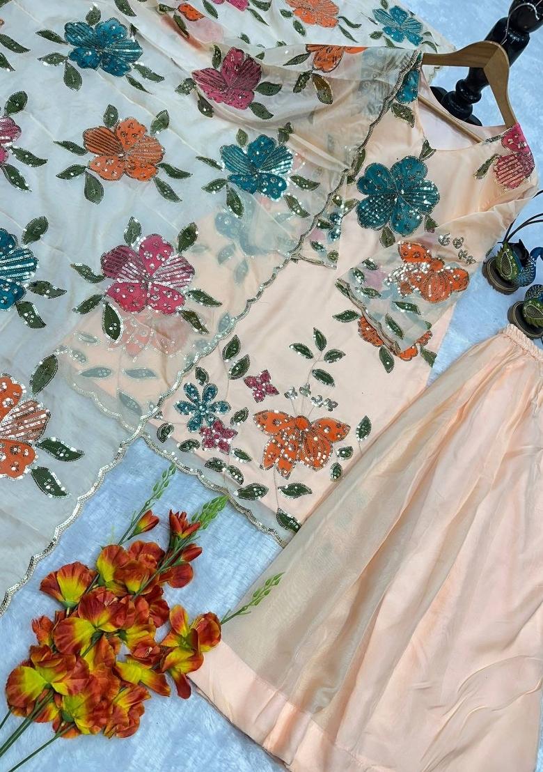 Beige Embroidery Organza Salwar Kameez - Indya