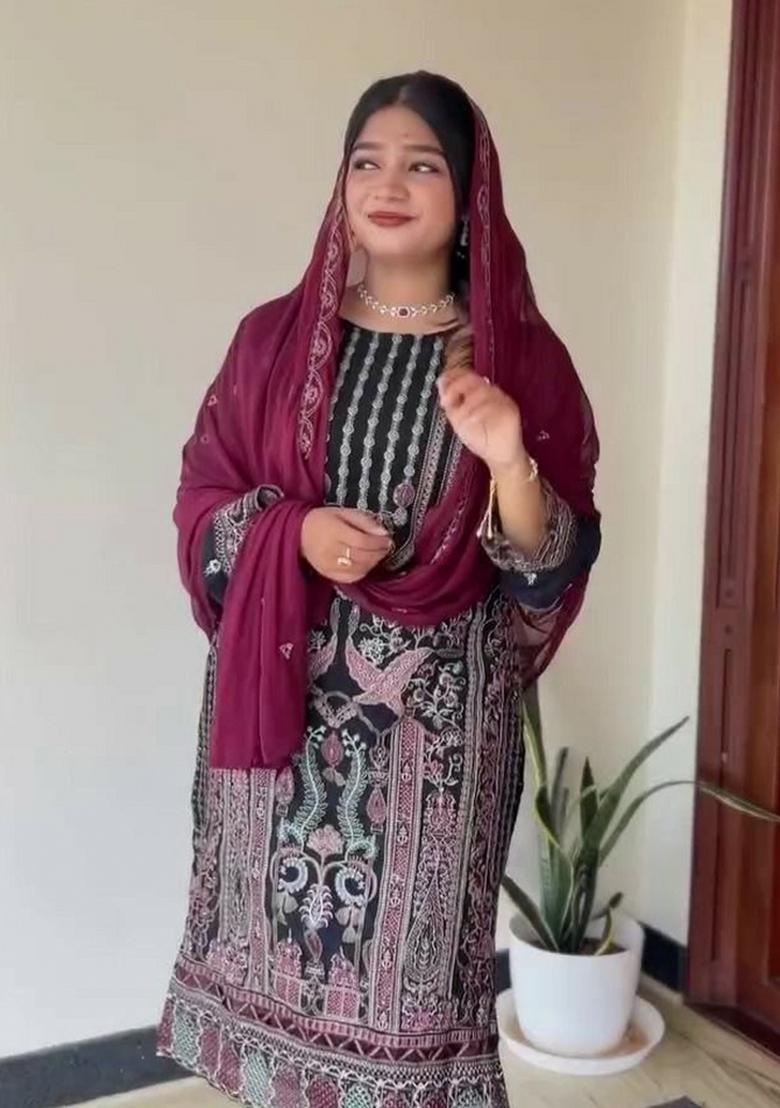 Black Embroidery Georgette Salwar Kameez - Indya