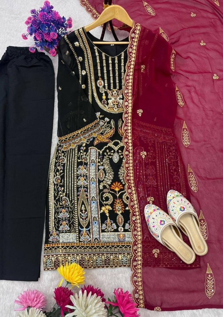Black Embroidery Georgette Salwar Kameez - Indya
