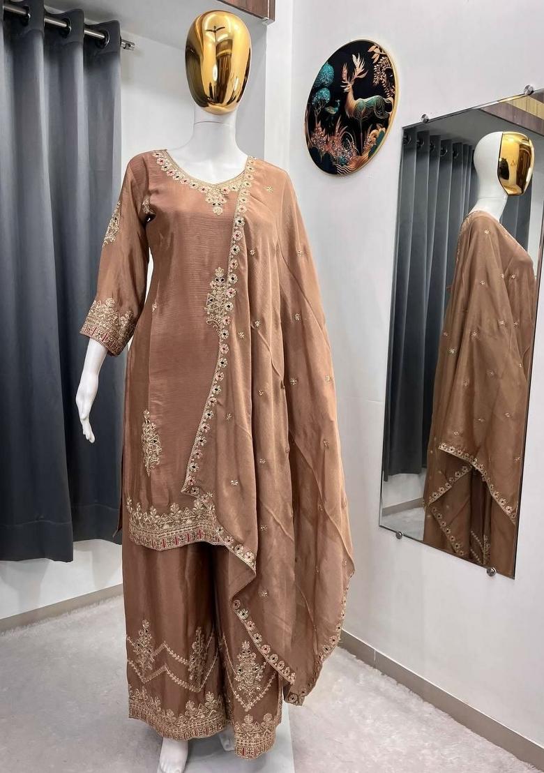 Brown Embroidery Silk Salwar Kameez - Indya