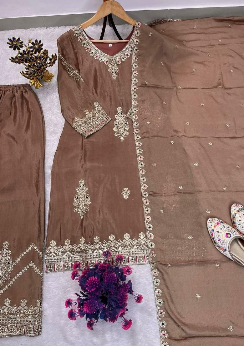 Brown Embroidery Silk Salwar Kameez - Indya