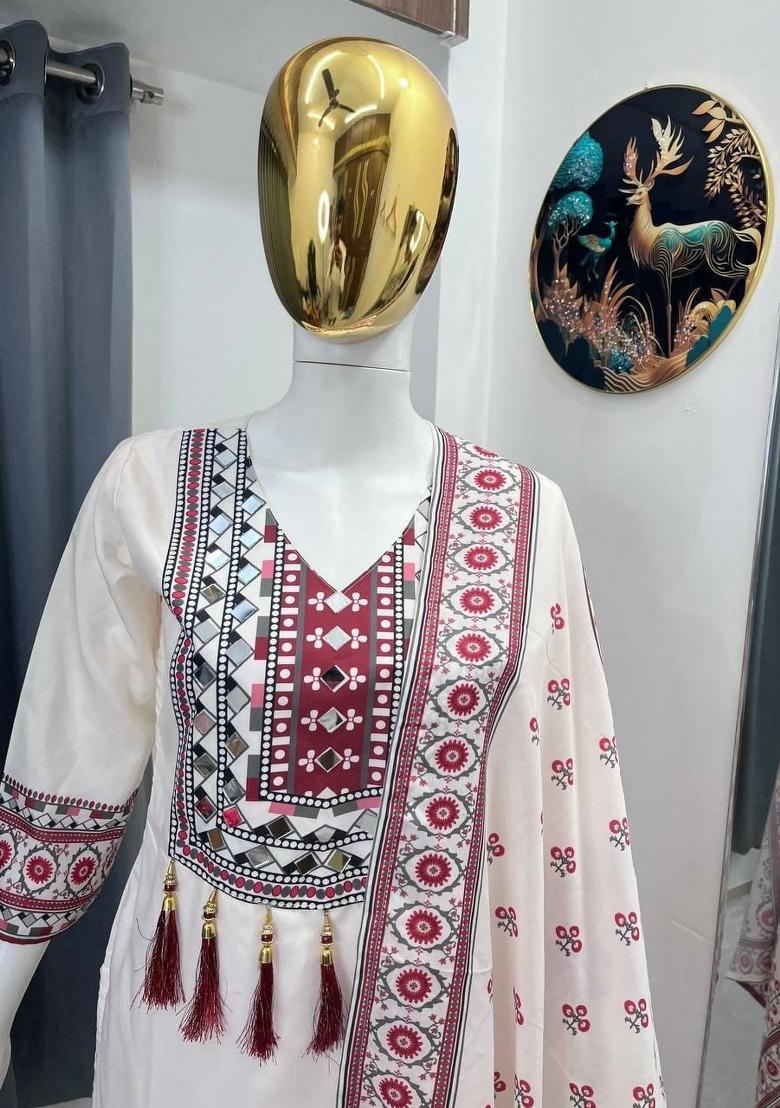 White Embroidery Muslin Salwar Kameez - Indya