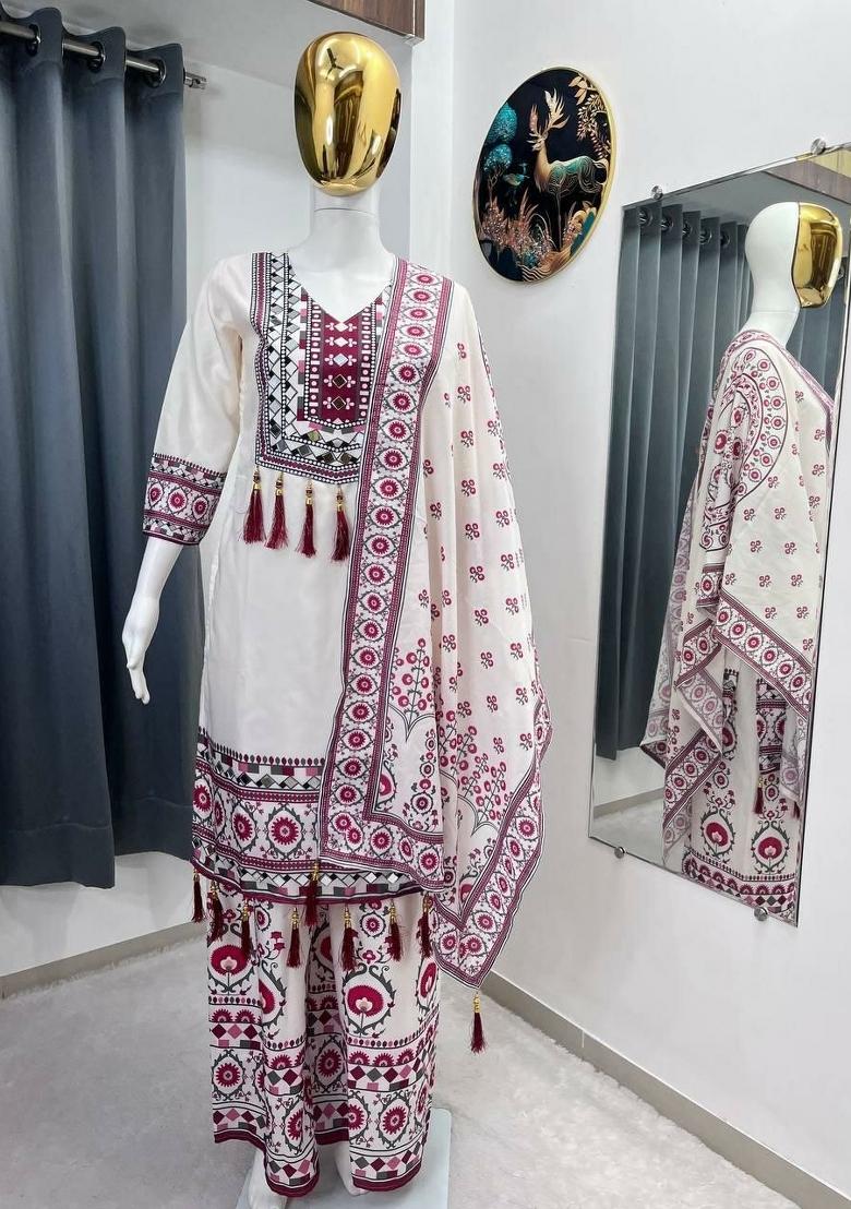 White Embroidery Muslin Salwar Kameez - Indya