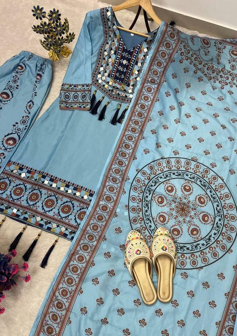 Blue Embroidery Muslin Salwar Kameez - Indya