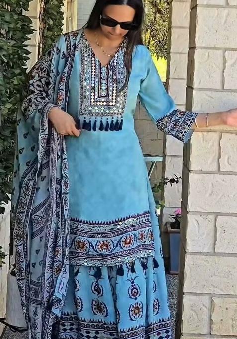 Blue Embroidery Muslin Salwar Kameez