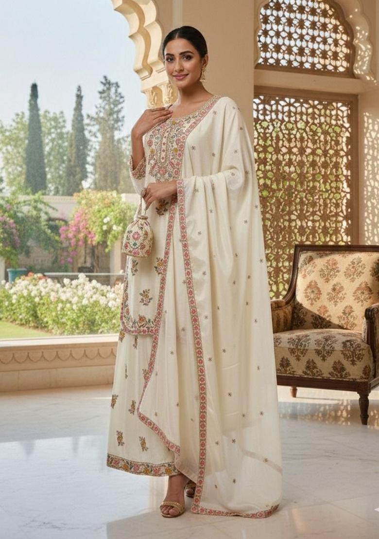 White Embroidery Silk Salwar Kameez - Indya