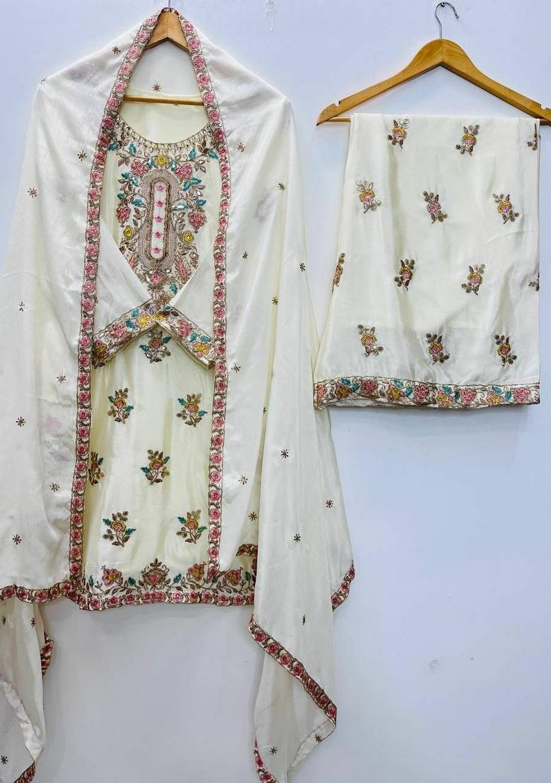 White Embroidery Silk Salwar Kameez - Indya
