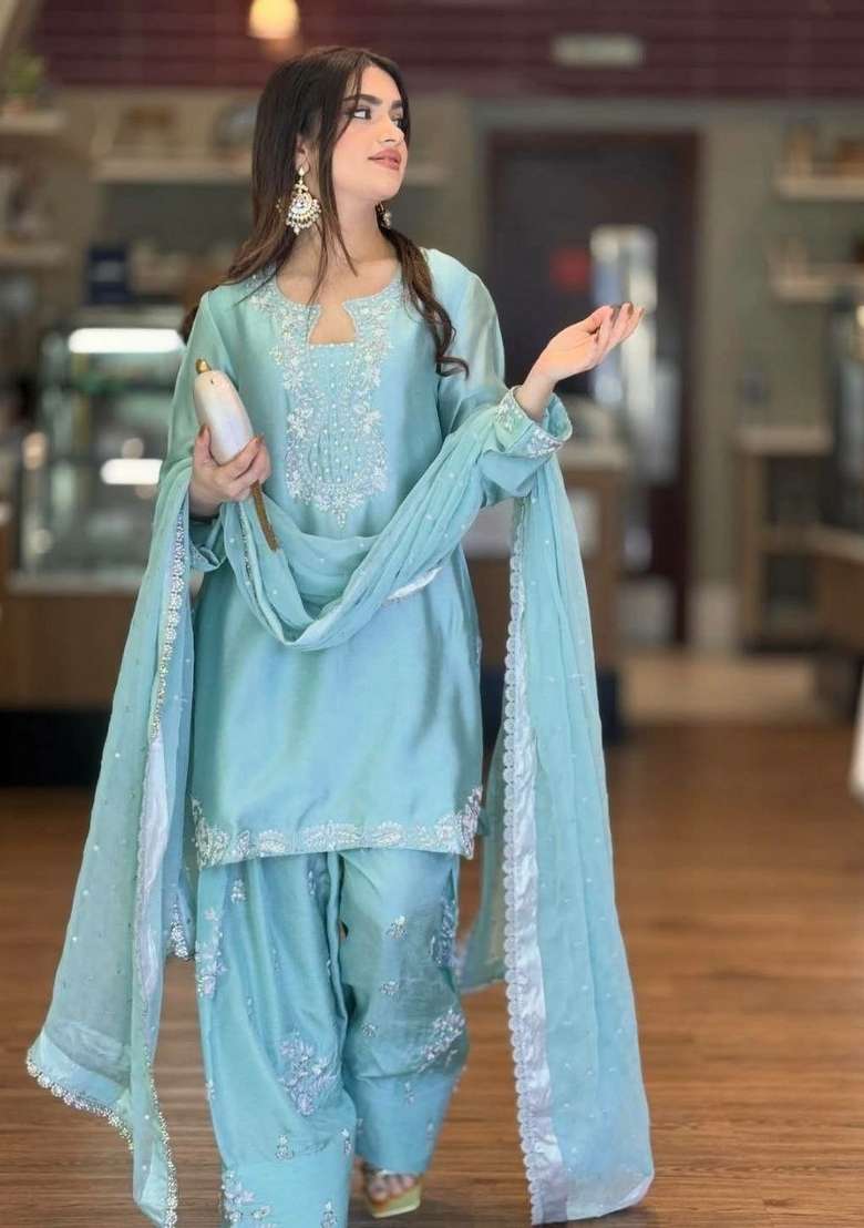 Blue Embroidery Silk Blend Salwar Kameez - Indya