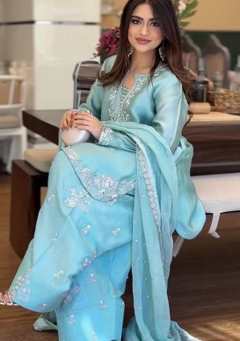 Blue Embroidery Silk Salwar Kameez - Indya