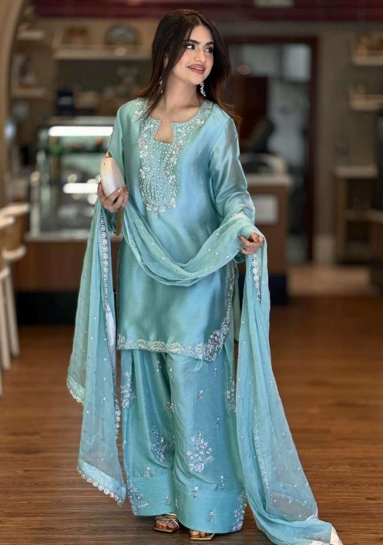 Blue Embroidery Silk Blend Salwar Kameez - Indya