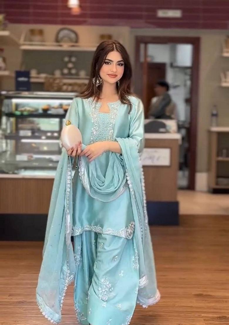 Blue Embroidery Silk Salwar Kameez - Indya