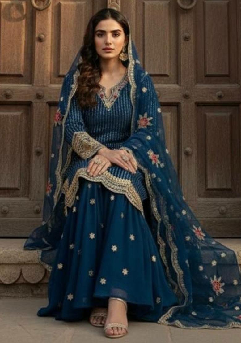 Blue Embroidery Georgette Salwar Kameez - Indya