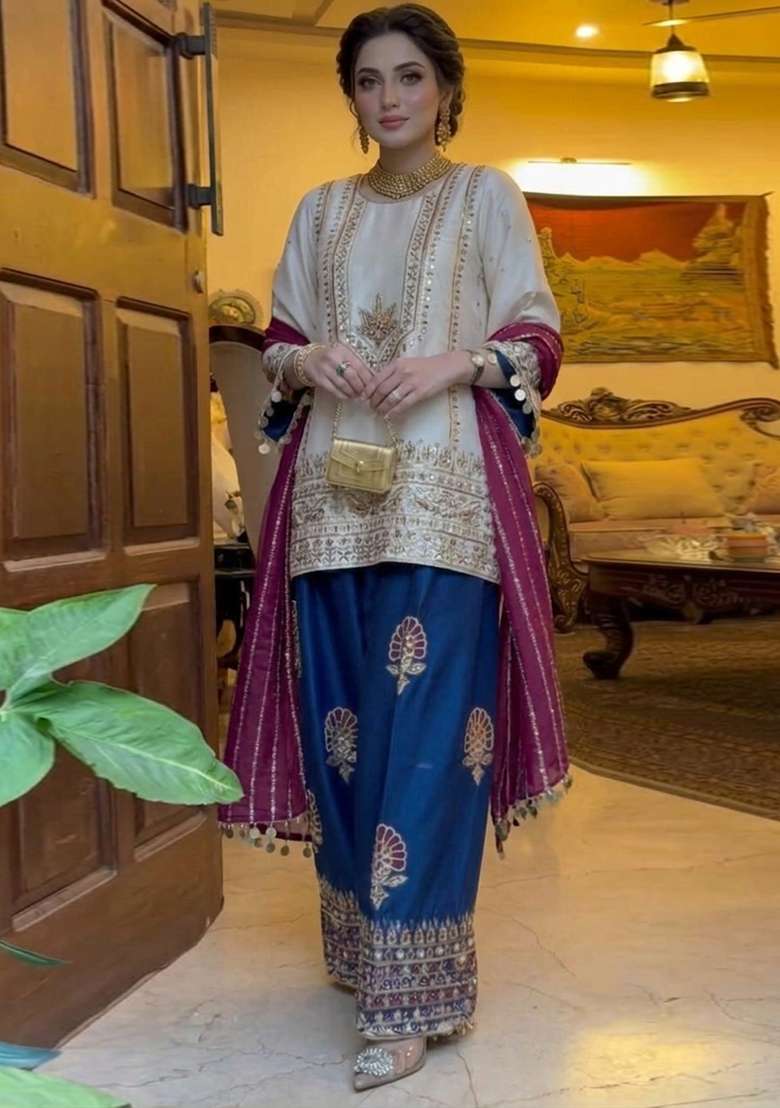 Blue Embroidery Silk Blend Salwar Kameez - Indya