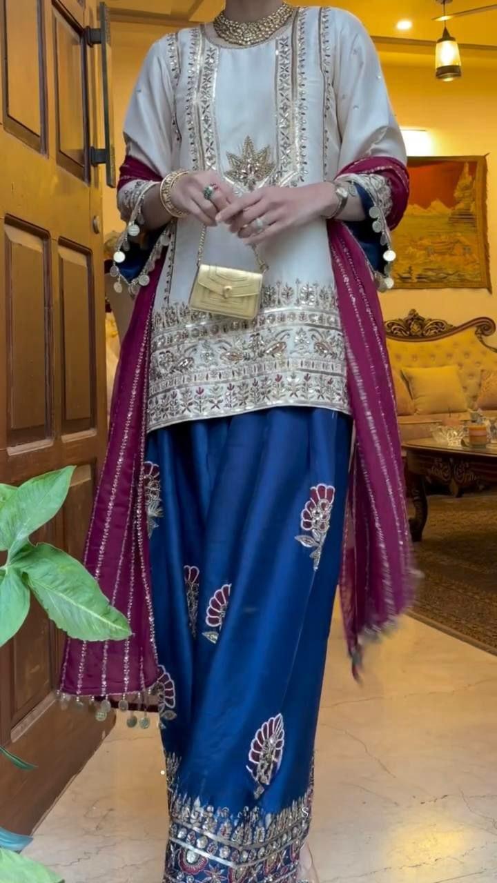 Blue Embroidery Silk Salwar Kameez - Indya