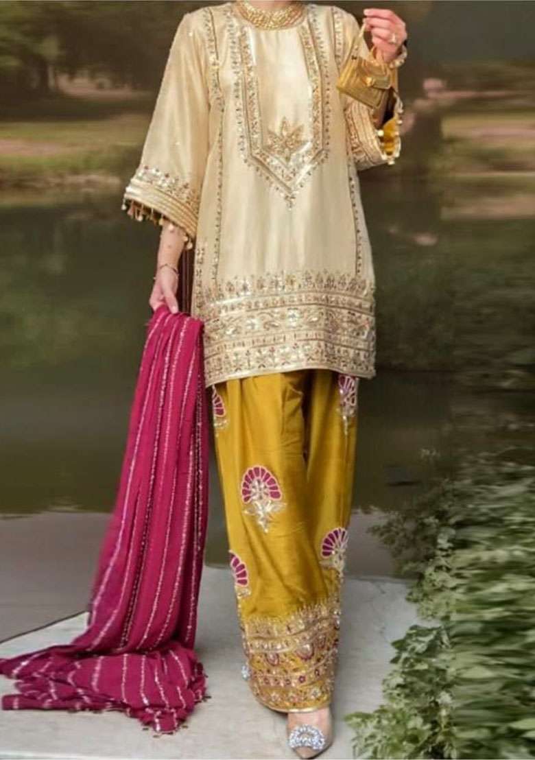 Yellow Embroidery Silk Blend Salwar Kameez - Indya