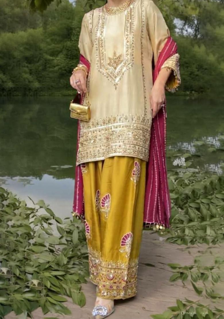 Yellow Embroidery Silk Salwar Kameez - Indya