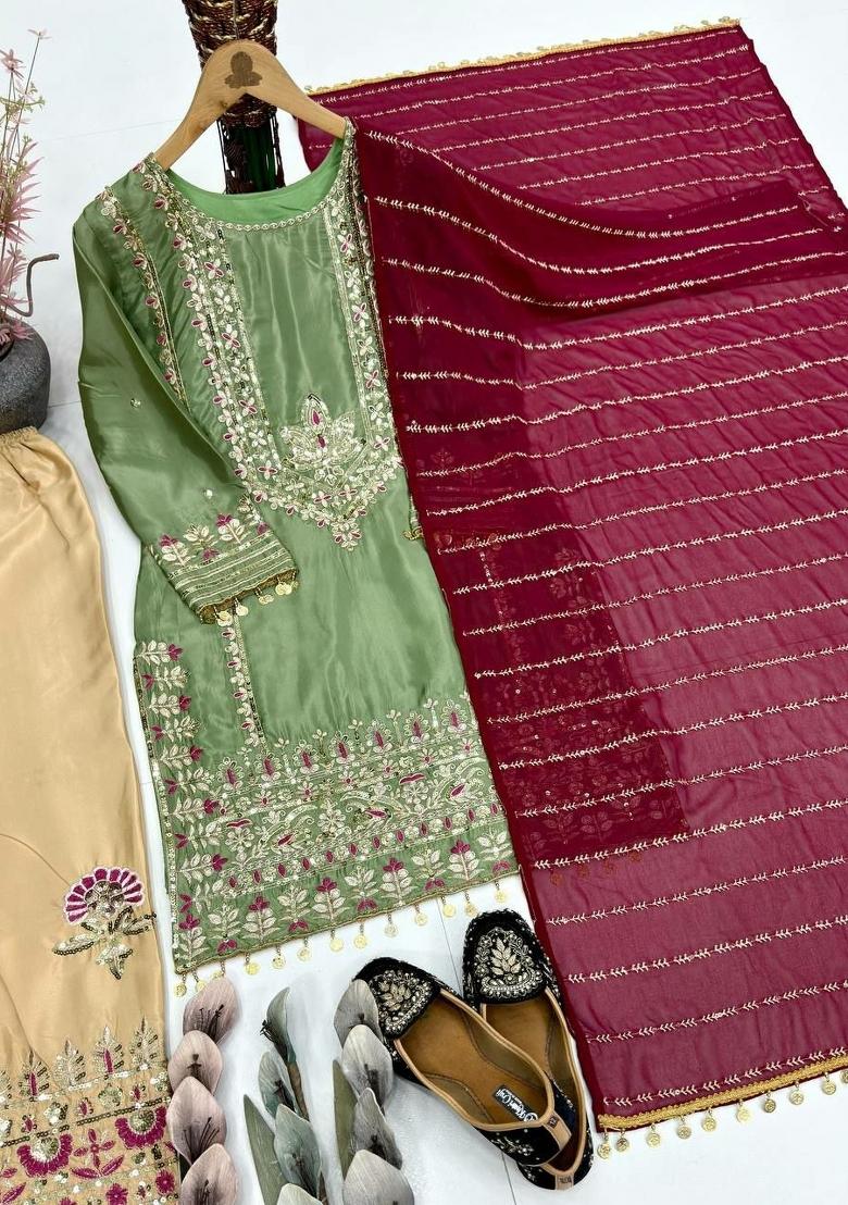 Green Embroidery Silk Salwar Kameez - Indya
