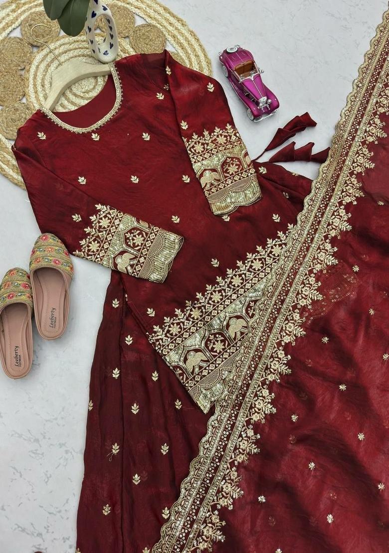 Maroon Embroidery Silk Salwar Kameez - Indya